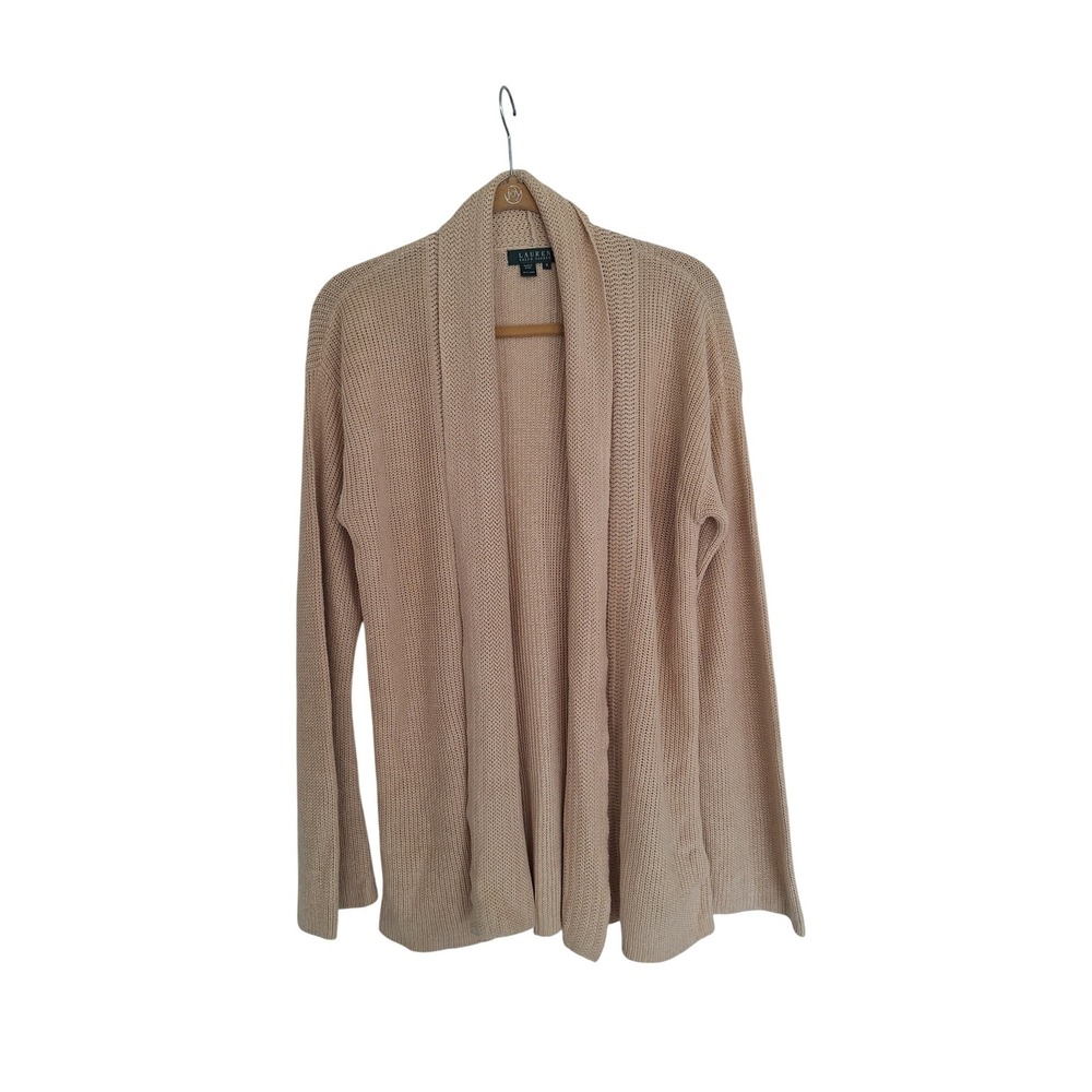 Lauren Ralph Lauren M Beige Long Open‎ Front Cardigan 100% Linen Knit light